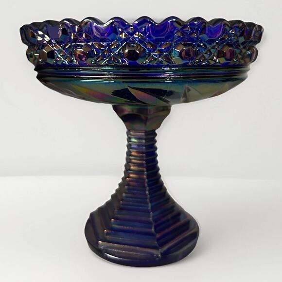 Fenton Electric Blue Carnival Glass Compote Iridescent 5” Dish Cobalt Vintage - Picture 1 of 8